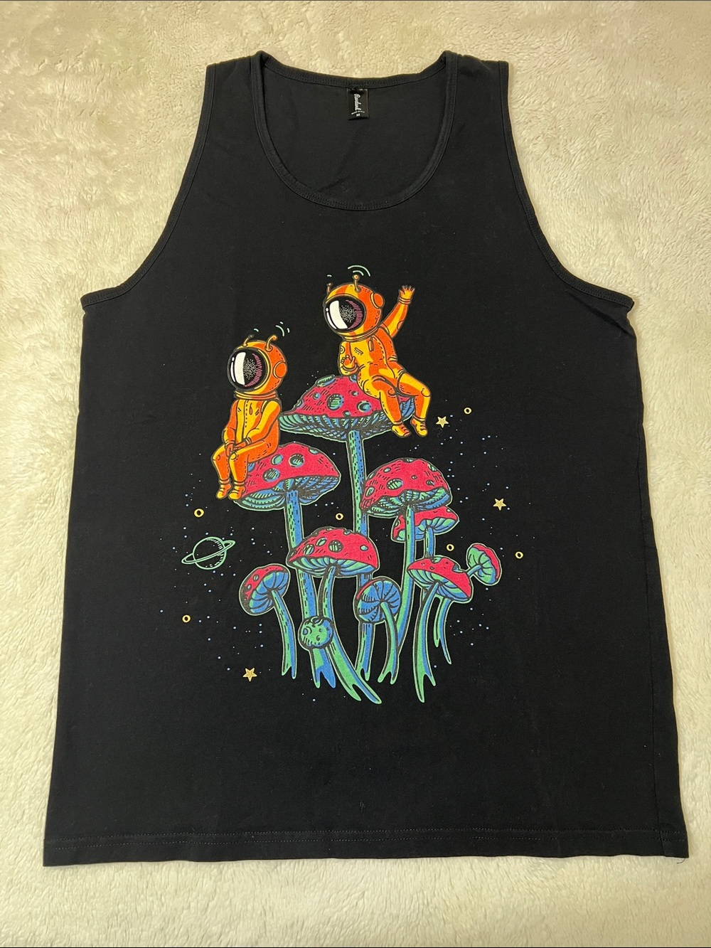 Raveland Black Graphic Tank Top with Orange Astronauts on Neon Mushrooms.